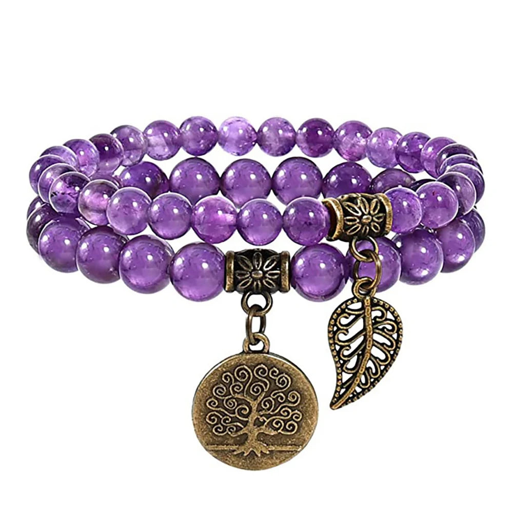 Natural Semi Precious Gemstone Beads Bracelet for Women Life Tree and Leaf Charm Energy Reiki Crystal Stretch Bracelets Jewelry