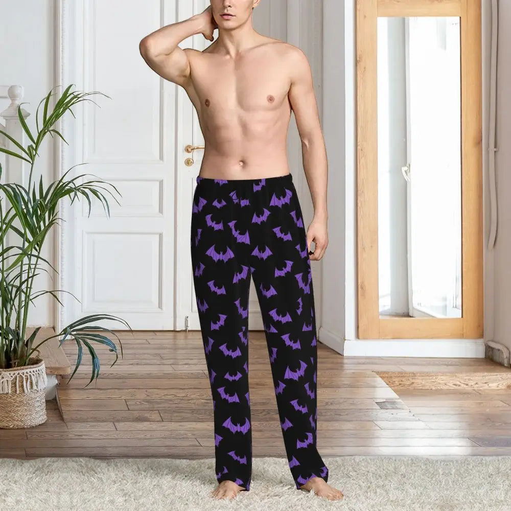 Custom Cute Spooky Halloween Bats Black And Purple Pajama Pants for Men Lounge Sleep Drawstring Sleepwear Bottoms with Pockets
