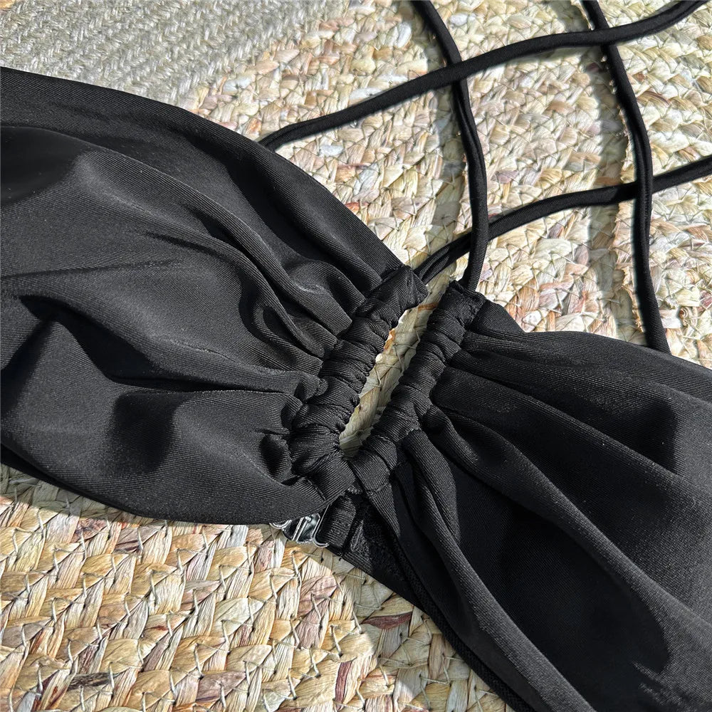 Sexy Red 3D Flower Swimwear Halter Bandeau Bikinis Sets High Wiast Swimsuit 2025 Women Ruched Bathing Suit Bikini Mujer Bather