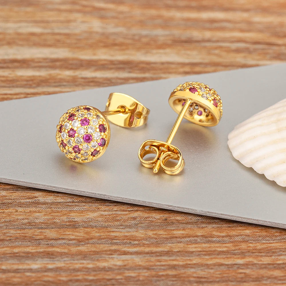 Nidin Korean Fashion Round Shape Pave Colorful Zircon Charm Stud Earrings For Women Birthday Party Ear Jewelry Delicate Gifts
