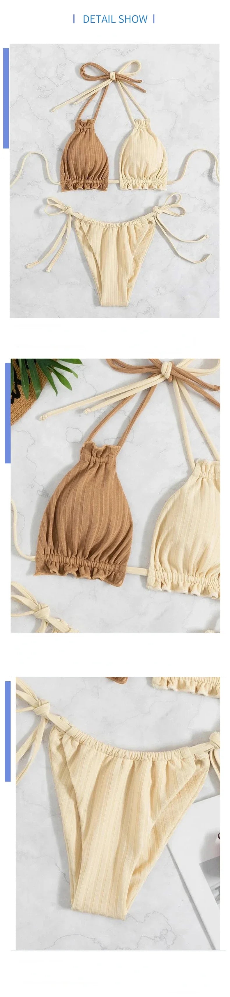 2025 Sexy Bikini Women Swimwear Swimsuit Drawstring Patchwork Pit Stripped Double Straps Halter Bikinis Set Beach Bathing Suit
