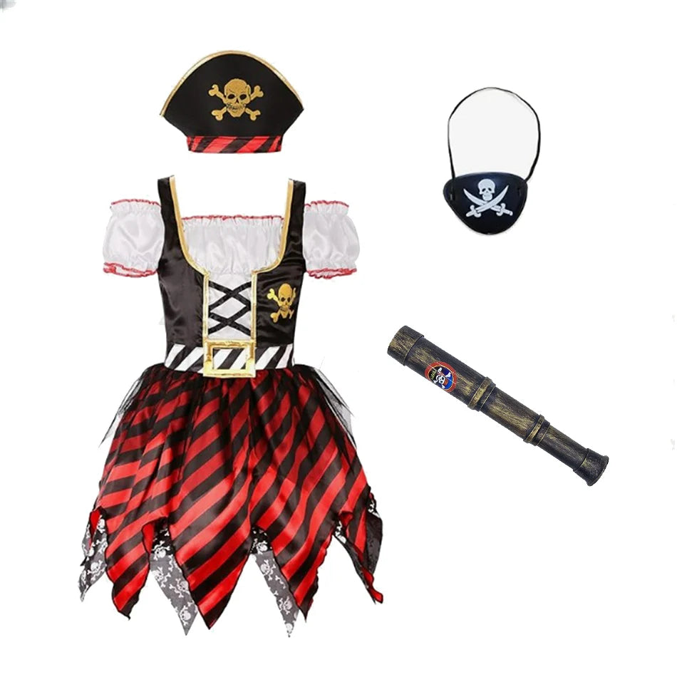 Girl Pirate Cosplay Costume Costume Halloween Pirate Jack Three-piece Suit Kids Stage Performance Clothes with Hat and Eye Mask