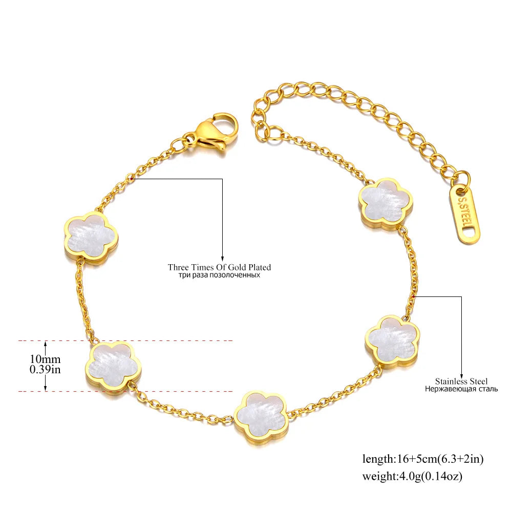 JeeMango Fashion Stainless Steel White Black Green Shell Flower Charm Bracelets For Women Real Gold Plated Chain Jewelry JB23071