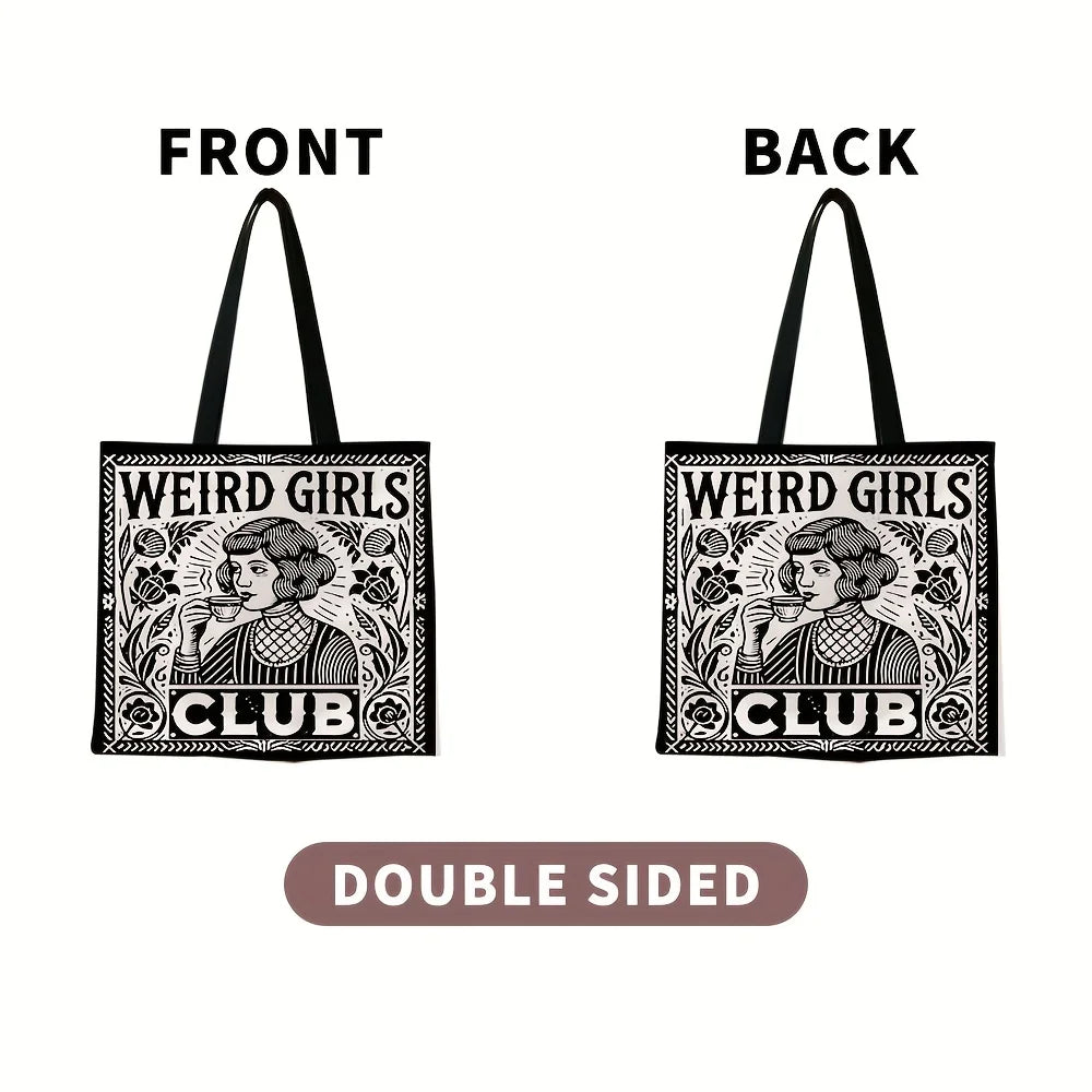 1pc Weird Girls Club Tote Bag Stylish Black & White Floral Design Daily Casual Use Shoulder Bag Christmas Gift for Best Friends