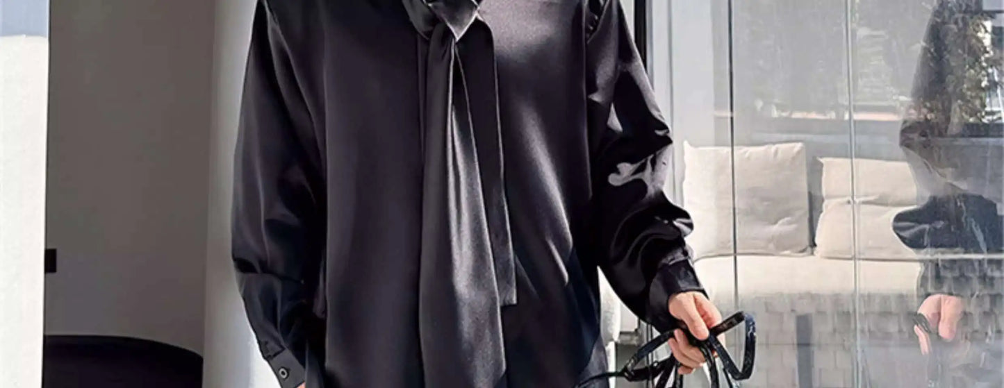 IEFB Korean Fashion Men's Shirt Bow Tie Design Loose Simple Fresh Long Sleeve Casual 2024 Spring Solid Color Male Tops 9C5081