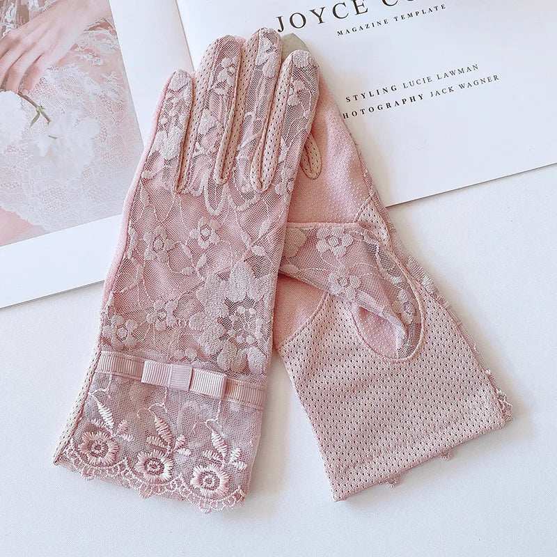 New Women's Summer Ice Silk Lace Anti Ultraviolet Thin Electric Car Driving Anti-skid Breathable Cool Sun Protection Gloves