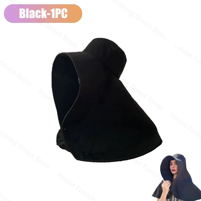 Summer Women Cap Outdoor Uv Anti Neck Protection Sun Visors Hat Fishing Hiking Big Brim Shawl Sunscreen Ponytail Cap Solid Color