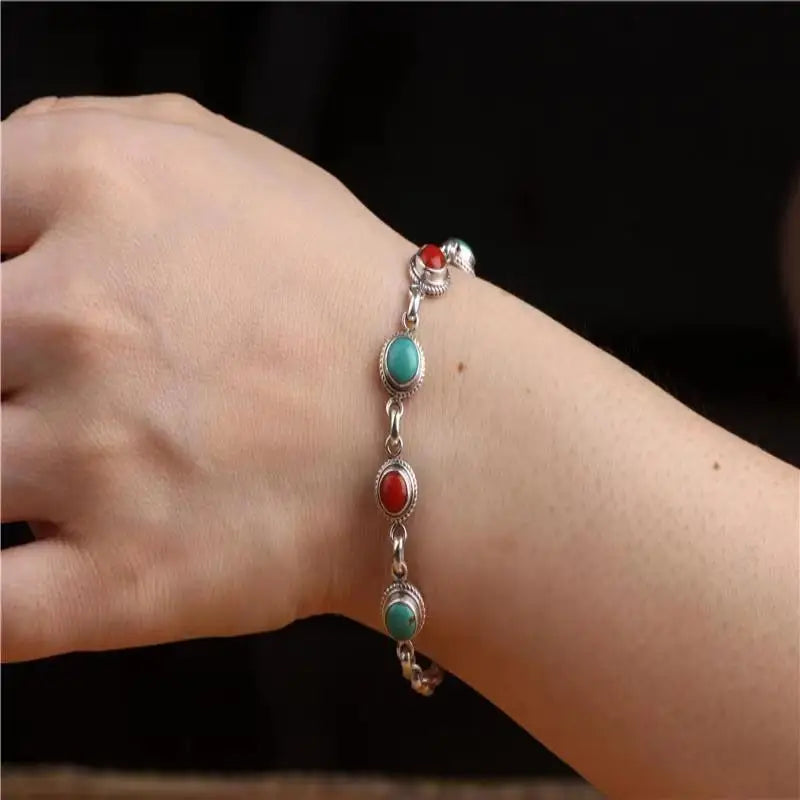 Creative retro ethnic style southern red tourmaline turquoise bangles silver 925 round bead charm bracelet for women jewelry