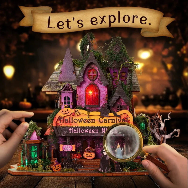 Retro DIY Wooden Halloween Night House Figurines Miniatures Kits With LED Lights Home Desk Decoration For Adult Handmade Gifts