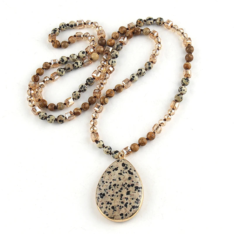Fashion Bohemian Jewelry Accessory 6mm Stone/Glass Knotted Stone Drop Pendant Necklaces Women Beaded Necklace