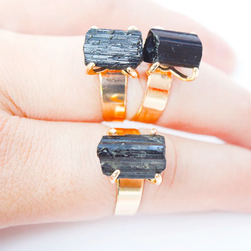 Raw Black Tourmaline Ring Resizable Golden Irregular Genuine Rough Stone Handmade Finger Jewelry for Women