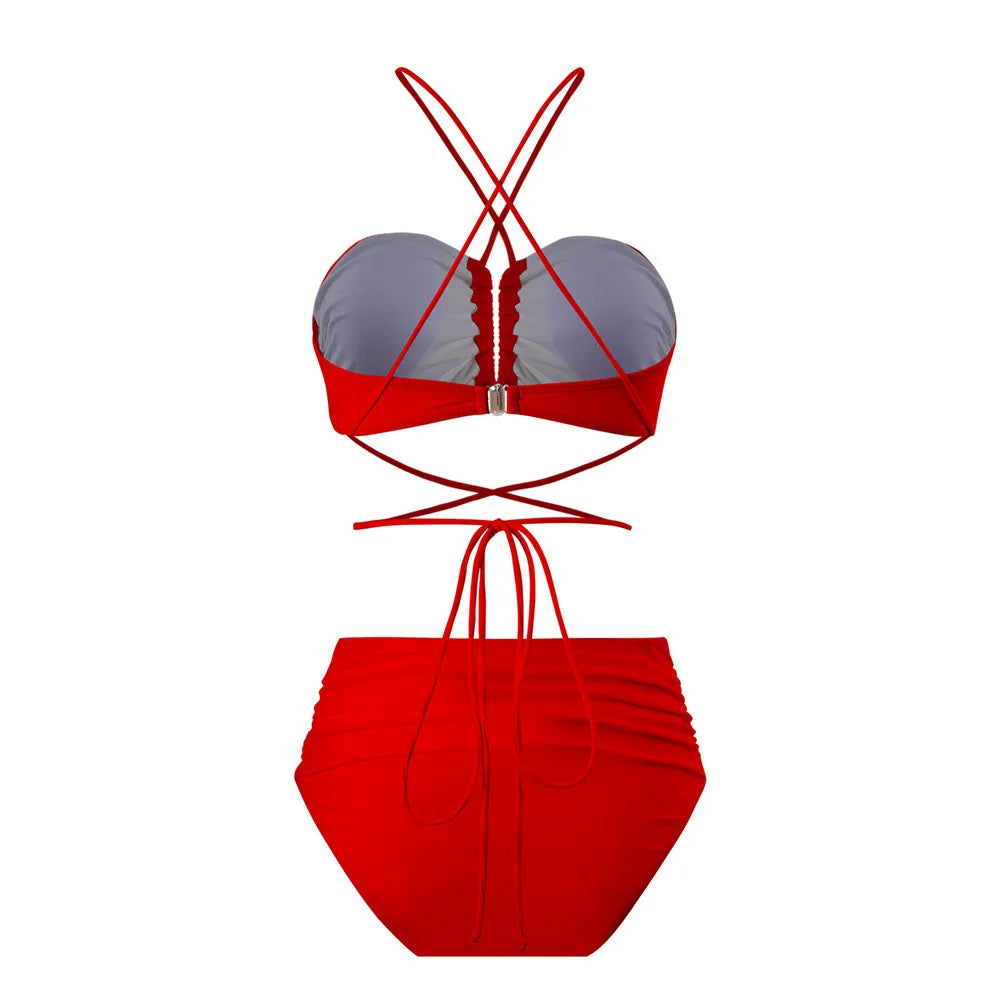 Sexy Red 3D Flower Swimwear Halter Bandeau Bikinis Sets High Wiast Swimsuit 2025 Women Ruched Bathing Suit Bikini Mujer Bather