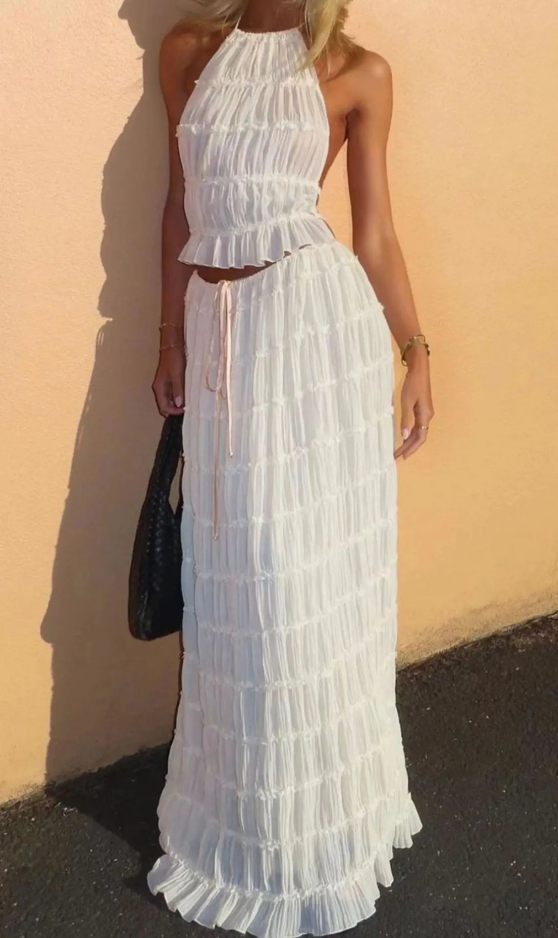 Solid Hang Neck Long Skirt Suit For Women Halter Backless Sling Top Lace Up Fold Maxi Skirt 2024 Hot Fashion Female 2 Piece Set