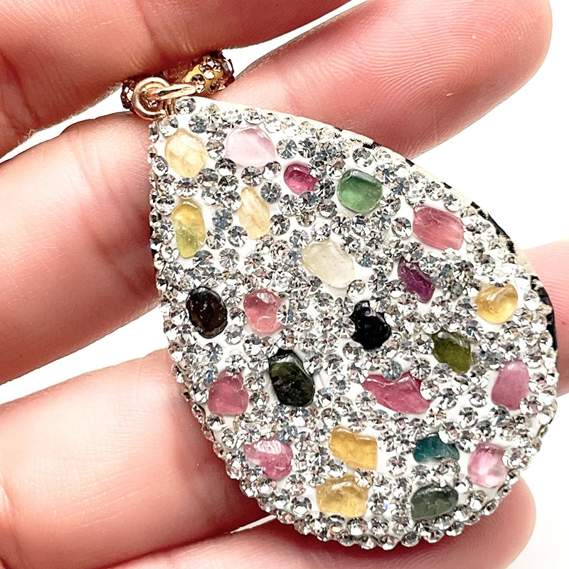 Micro Inlay Irregular Rainbow Tourmaline Pendant Jewelry for Women Girls Necklace Making with Clear Rhinestone