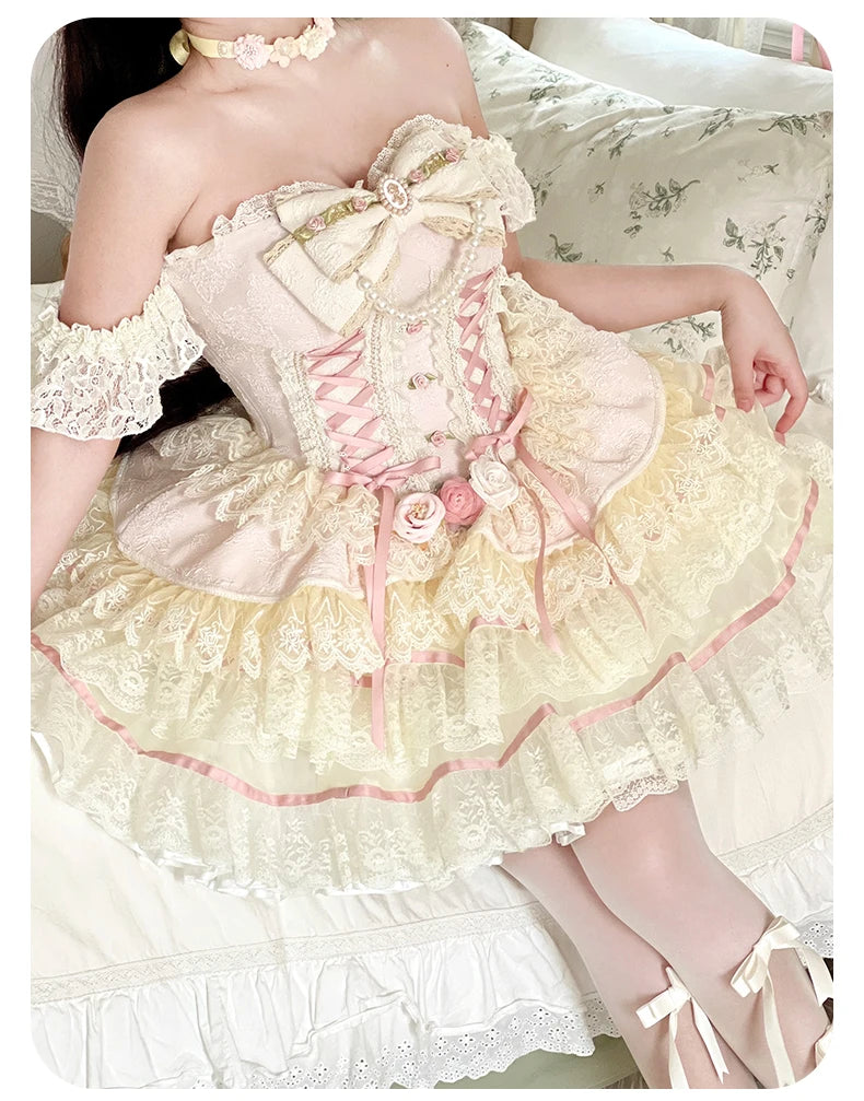 Original Romantic Atmosphere Cute Girls Skirt Sets 2025 Spring and Summer Sweet Lolita Tube Top Slim Top and Skirt 2-piece Set