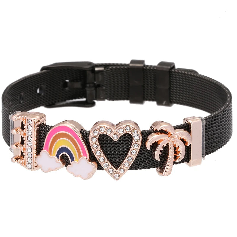 Silver Color Stainless Steel Mesh Bracelets For Women Crystal Santa Claus Beads Charm Watch Belt BraceletsBangles Christmas Gift