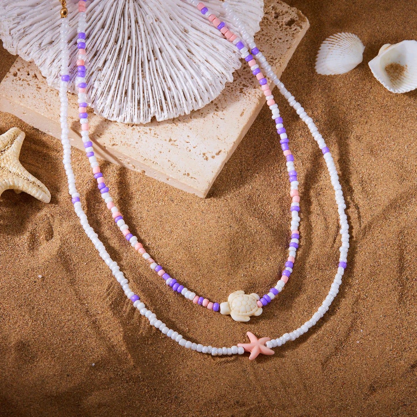 Multi-layer Bohemian Rice Beads Sea Star Turtle Pendant Necklace For Women Girls Holiday Gift Fashion Jewelry