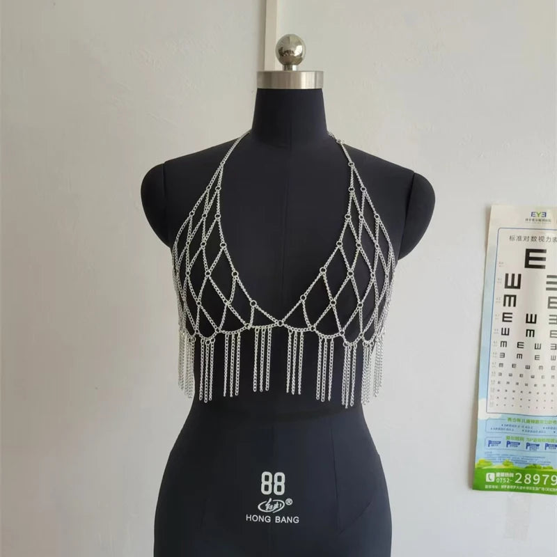 Shiny Body Chain Tank Top for Women Metallic Shining Detail Fringe Trim Halter Harness Bra Chain Festival Party Outfits Tops