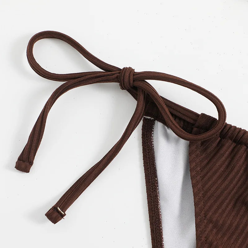 Sexy Solid Brown Bikinis Set Women Ribbed Halter Push Up Mesh Skirt Swimsuit 2024 Mujer Brazilian Bathing Suit Cover Up Swimwear