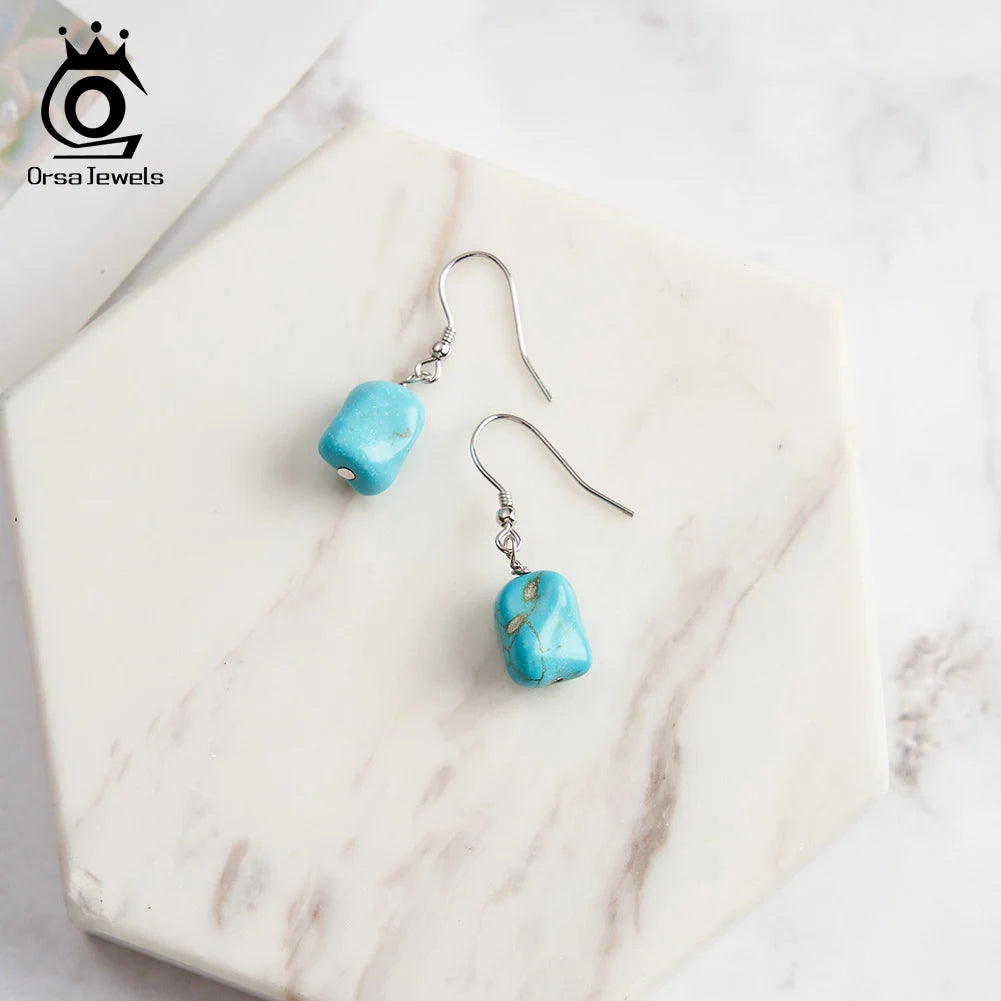 ORSA JEWELS 14K Gold 925 Sterling Silver Dangle Earrings Hand-picked Square Turquoise Drop Earring for Women Jewelry Gift GME45