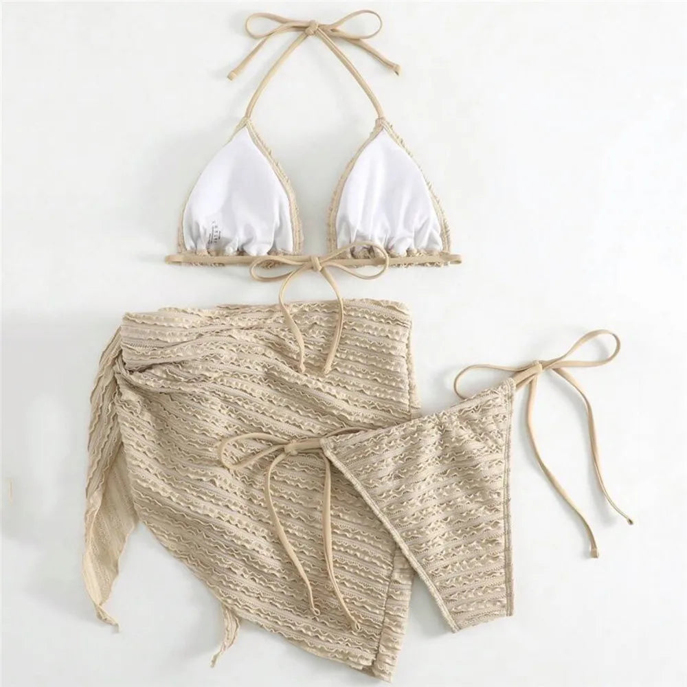 Khaki Fold Swimwear for Women 3 Piece Bikini Set Cover Up Micro Thong Sexy Swimsuit Beach Wear String Halter Triangle Bikinis