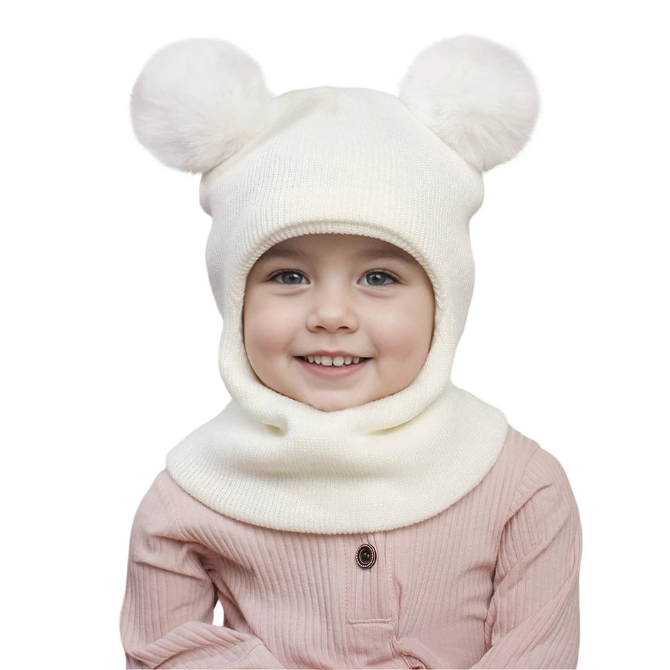Kids Autumn Winter Pullover Hat Children's Double Ball Ear Protection One-piece Hats Baby Yarn Knit Cap Balaclava Christmas Gift