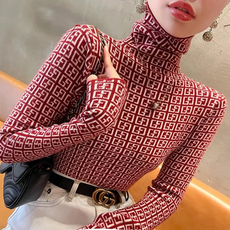 Autumn Winter Vintage Letter Thick Warm Commute Knitted Pullovers Women's Clothing Basic Turtleneck Soft Elastic Slim Sweaters