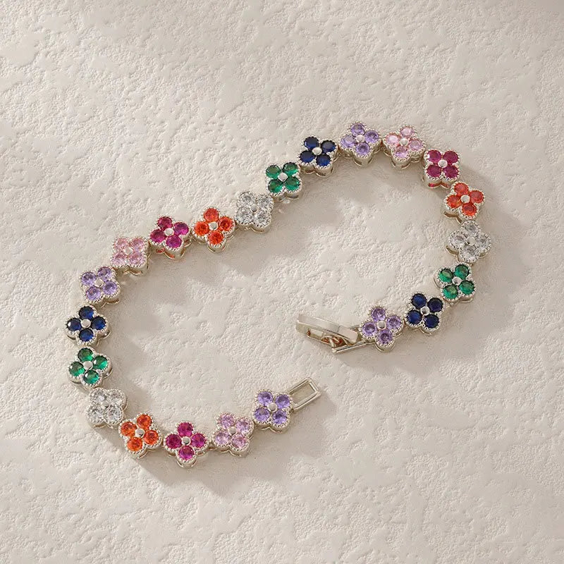 UILZ 1pc Rainbow Colorful Clover Zircon Bracelet Fashion Charm Gorgeous Charm Exquisite Cute Sweet Shining Crystal Jewelry Gift