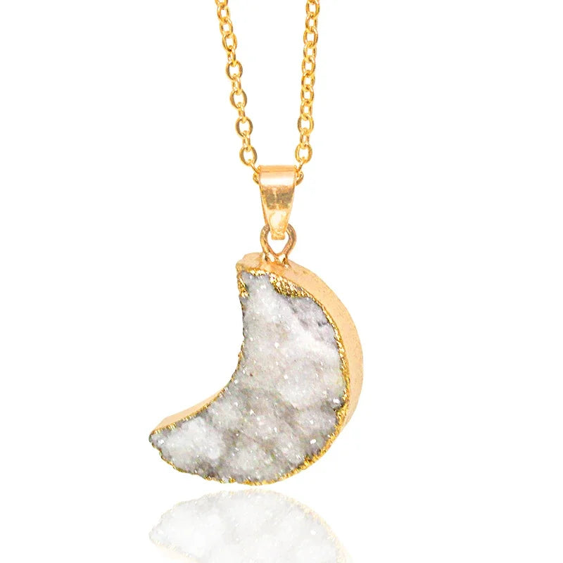 Natural Druzy Quartz Stone Moon Shape Pendant Jewelry Raw Crystal Cluster Jewelry For Women Girls Necklace Making