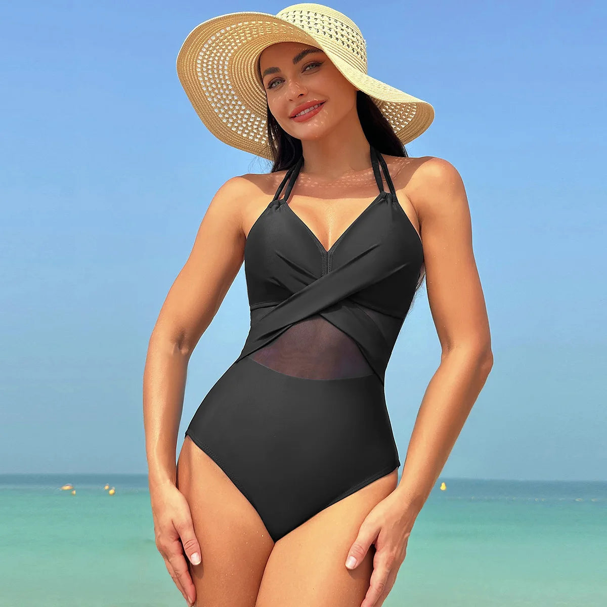 Sexy One Piece Swimsuit Women's Pure Color Mesh Bikini Swimsuit Summer New
