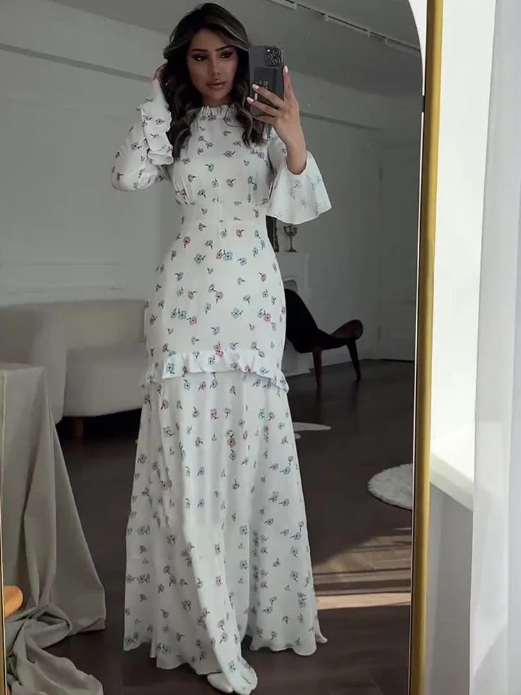 Tossy Ruffle Printed Long Sleeve Long Dress Women's Elegant Contrast Color Slim Fit Lace Waist Casual Summer Fashion Long Dress