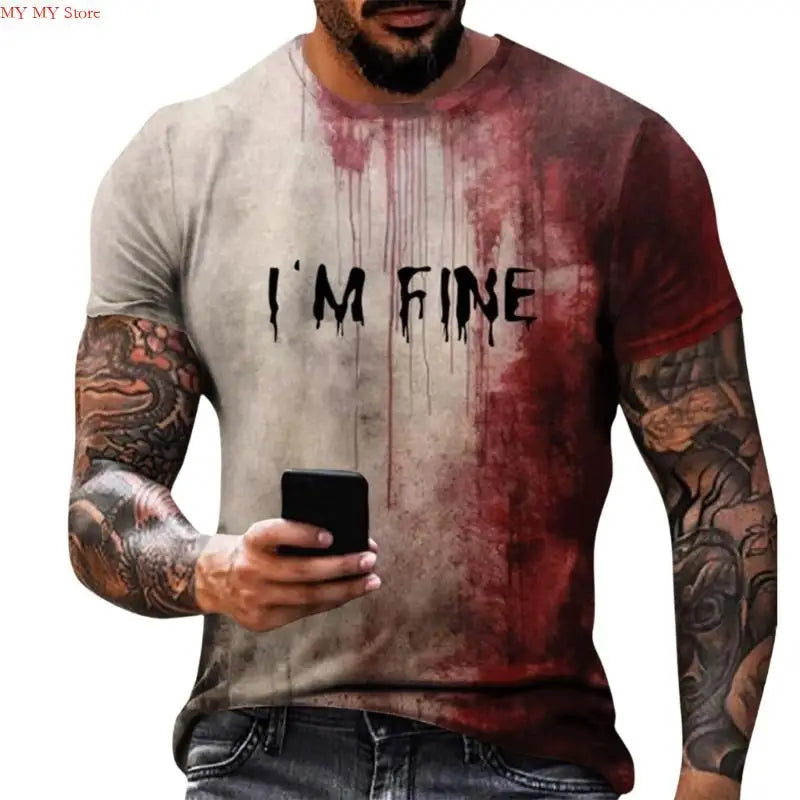 Men's Short Sleeve T-Shirt Digital Printed Design Problem Solved Letter Bloody Pattern Halloween Party Costume