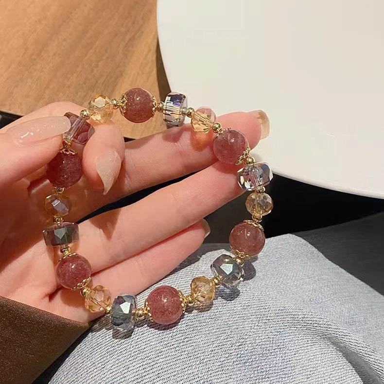 Fashion Natural Strawberry Crystal Bracelets For Women Light Luxury Pink String Beaded Elastic Bangles Party Jewelry Gift