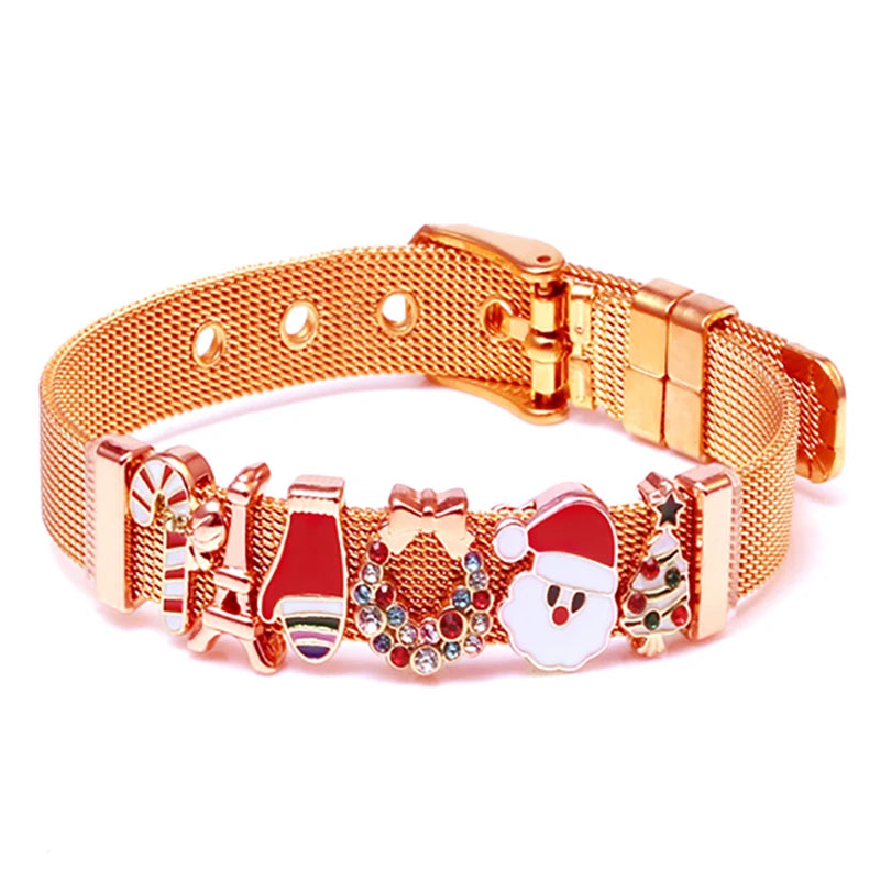 Silver Color Stainless Steel Mesh Bracelets For Women Crystal Santa Claus Beads Charm Watch Belt BraceletsBangles Christmas Gift