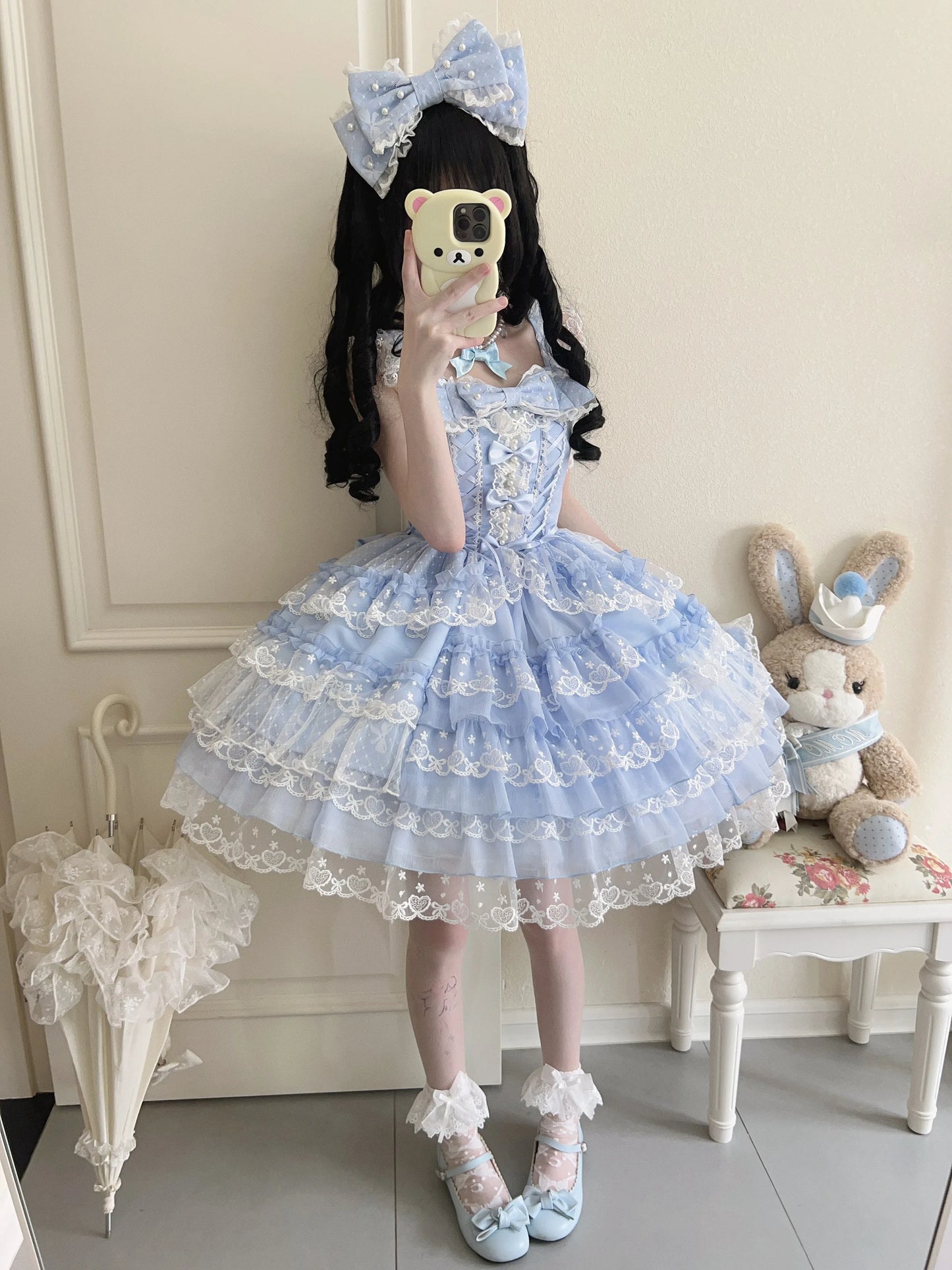 Original Design Lolita Jsk Suspender Dress Sweet Girl Women's Long Sleeve Inner Shirt Cute Princess Sling Cake Dress with Cape