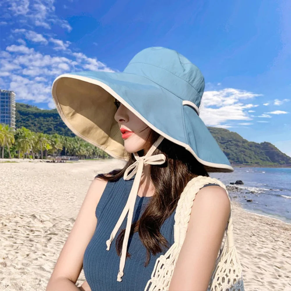 Solid Color Wide Brim Sun Hat Korean Style Anti-UV Sun Protection Hat Fisherman Hat with Neck Rope Women Bucket Hat Ladies