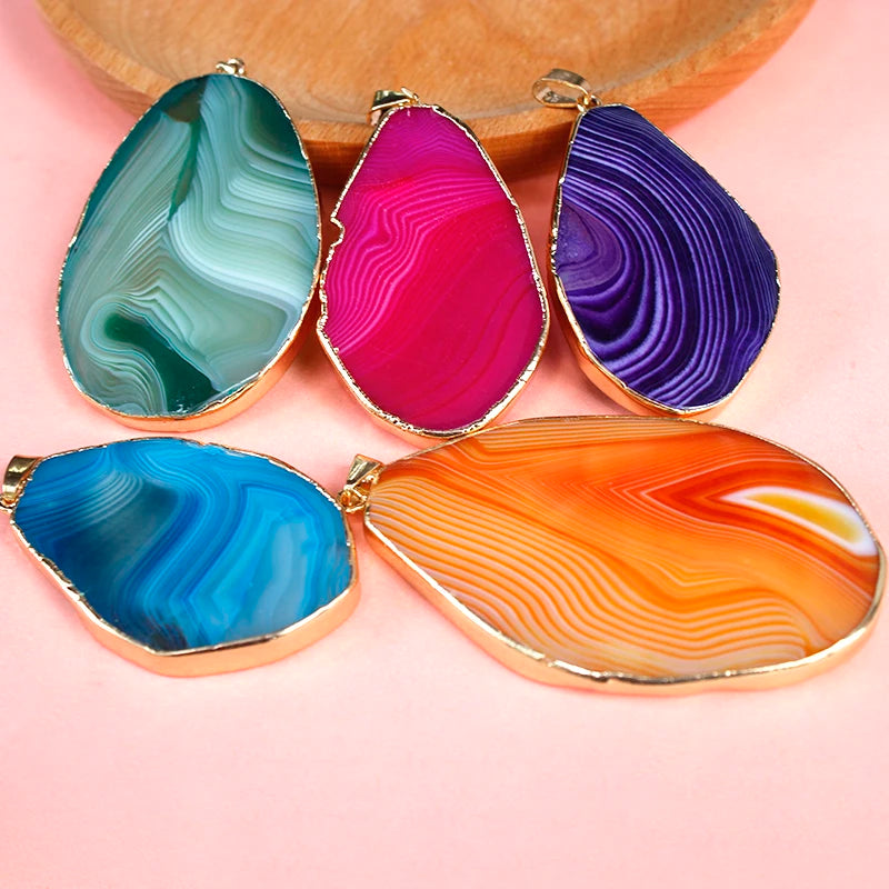 Irregular Striped Agate Slices Pendant Necklace Rough Stone Pendant for Women Girls