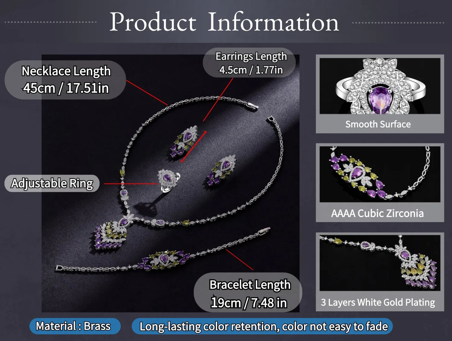 2024 Elegant Wedding Jewelry Set for Women Dubai UAE Bridal 4-piece Jewelry CZ Zircon Tassel Necklace Earrings Set