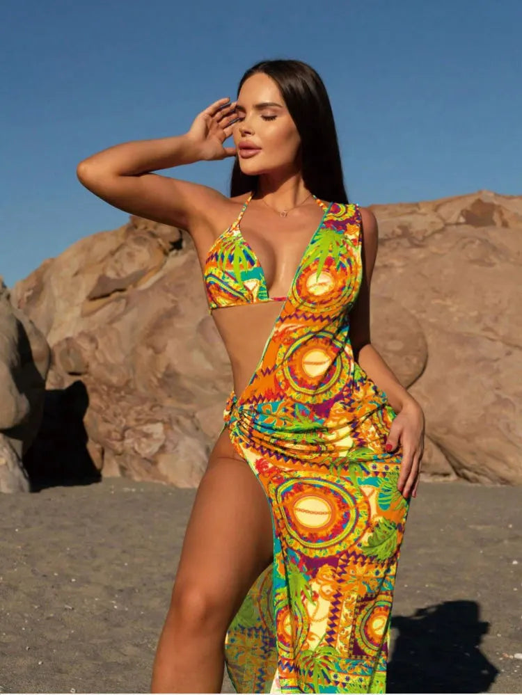 Cikini-One Shoulder Mesh Beach Skirt for Women, Sexy Bikinis Set, Summer Swimsuit, Bathing Suit, Three Piece