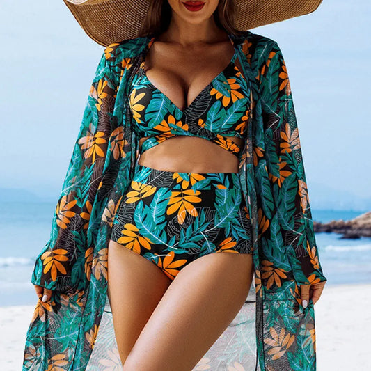 2025 Sexy Print Female High Waist Swimsuits Women's Bikinis Three-Piece Swimwear Beach Swimming Wear Bathing Suits Pool Bather