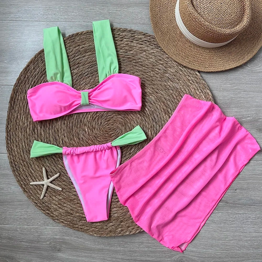 3 Pieces Bikini Set Wiht Mini Skirt Women Swimwear 2024 Sexy Bikinis Push Up Beachwear Solid Bodysuit Micro Thong Biquini Female