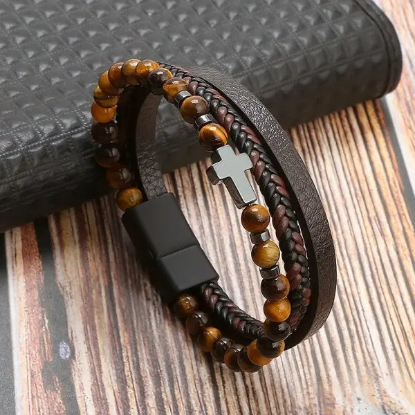 Prayer Men Natural Stone Beads Rosary Cross Bracelets Multilayer Leather Bracelet Women Yoga Meditation Jewelry Homme Pulsera