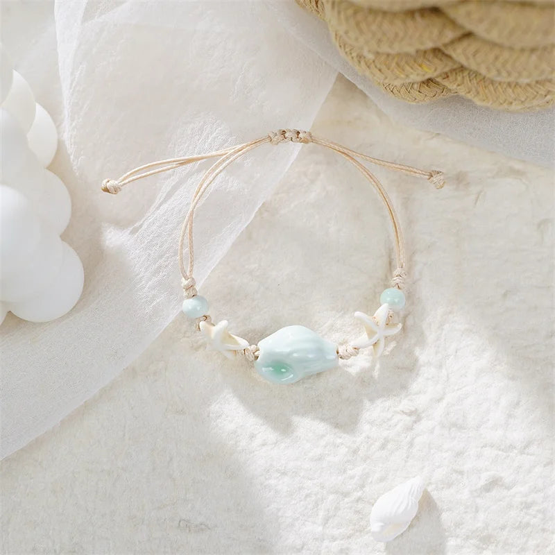 Bohemian Conch Starfish Shells Beaded Bracelets for Women Girls Boho Style Shell Beaded Beach Bangles Jewelry Gift Adjustable
