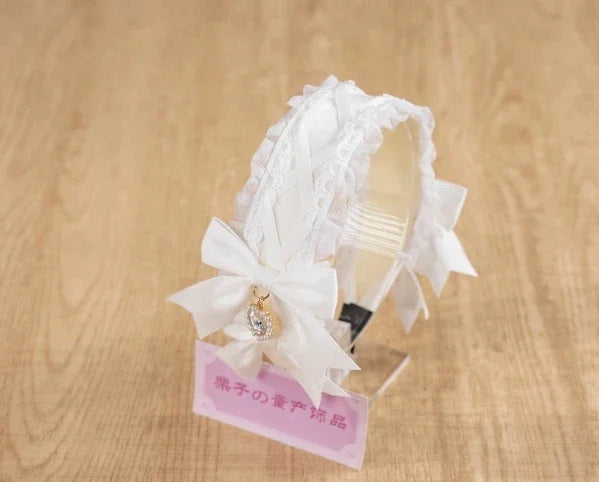 Lolita Hairband Lace Bow New Headwear Sweet Heart Shape Rhinestone Pendant Headband Japanese Style Hair Accessories for Women
