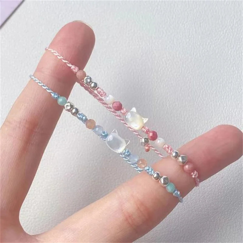 Lucky Pink Crystal Cats Friendship Bracelets For Best Friend Bff Matching Rope Chain Bracelet For Couples Jewelry Gift