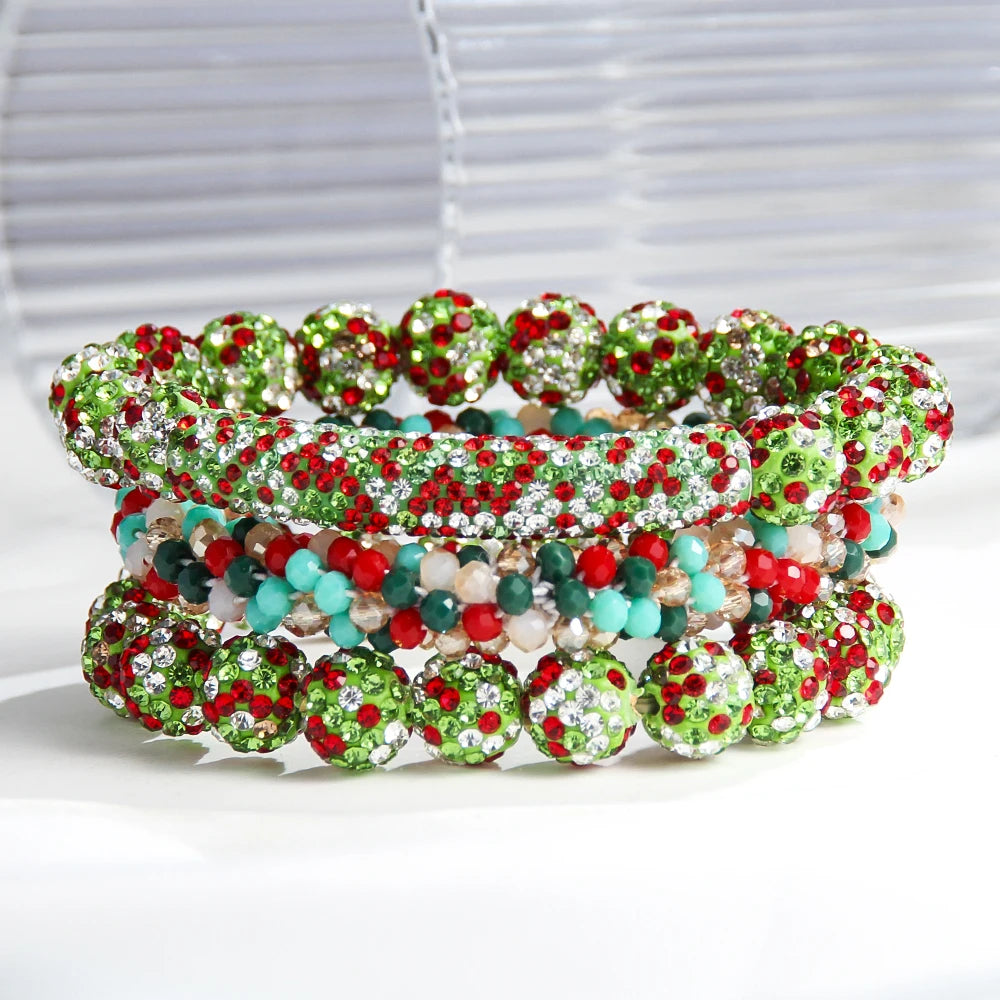 New American Independence Day 3pcs Stack Bracelet Set 10mm Red White Blue Mixed Rhinestone Ball Glass Beaded Elastic Bracelet