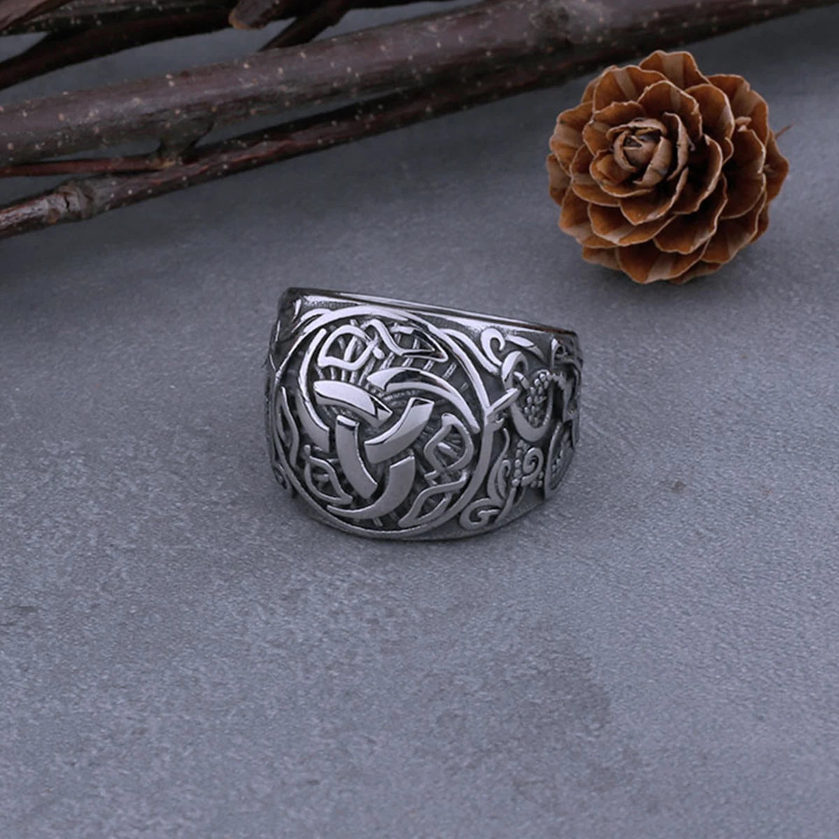 Viking Odin Warrior Rune Valknut Stainless Steel Ring Men's Creative Charm Locomotive Boyfriend Ring with Valknut Wooden Box