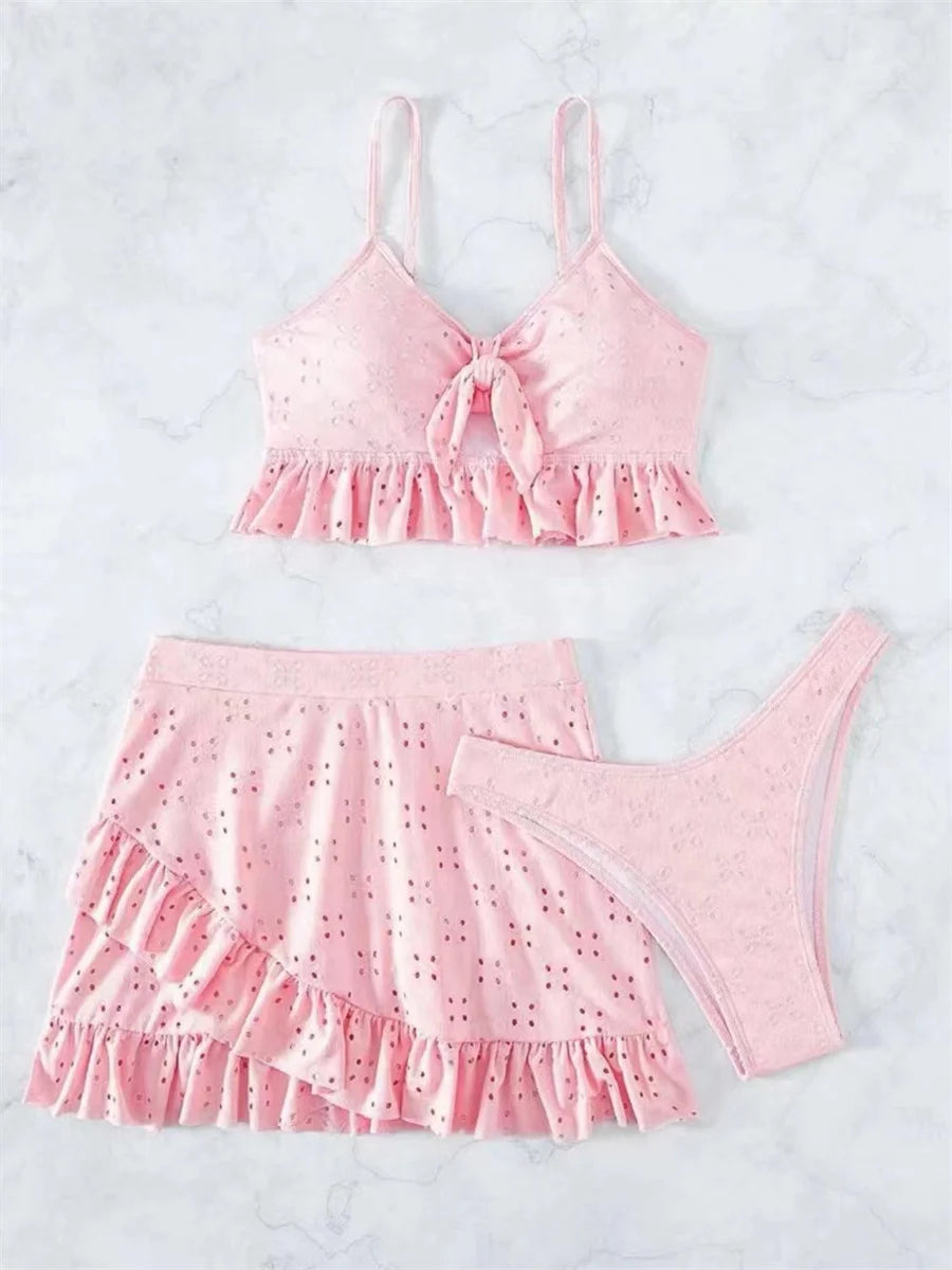 Sexy White 3 Piece Bikinis Set 2025 Women Halter Cut Out Tie Up Ruffles Push Up Skirt Swimsuit Bathing Suit High Waist Swimwear