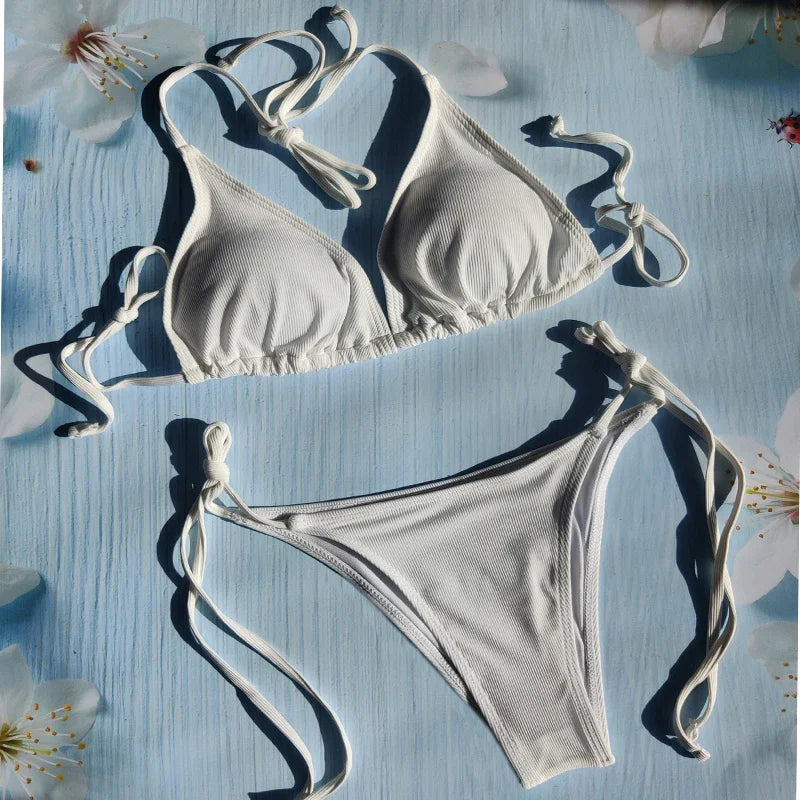 Sexy Bikini  Lace Up Swimsuit Solid Color Swimsuit Women's Brazil 2023 Fashion Swimsuit