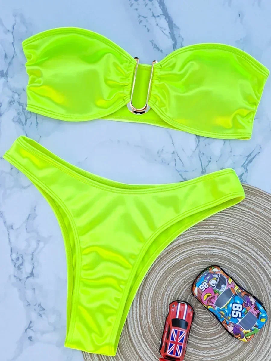 Shiny Bandeau Bikinis 2025 Strapless Bikini Female Swimsuit Women Swimwear Two-pieces Bikini Set High Cut Bathing Suit Swim Lady